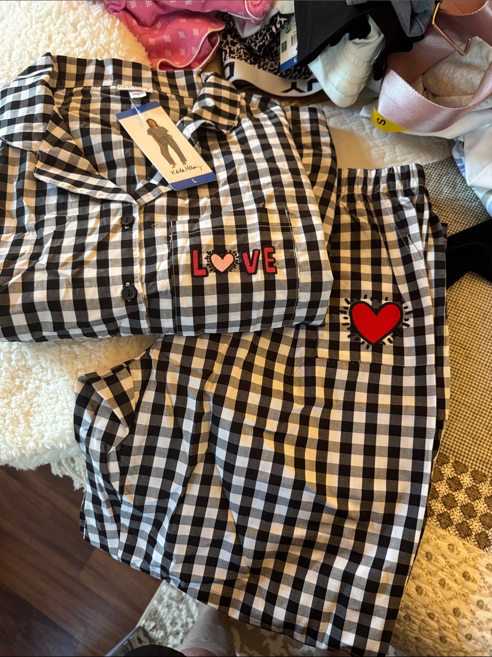 Kids Black & White Gingham 'Love' Heart Pajama Set